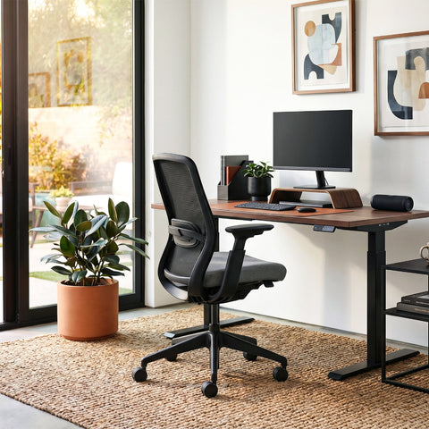 COLAMY AETHER Black Mesh Office Chair in Bright Home Office with Wooden Desk and Green Banker's Lamp