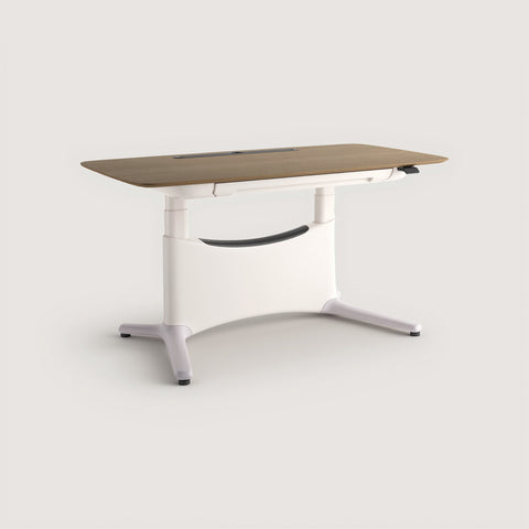COLAMY LumiDesk Electric Standing Desk – Walnut Top with White Frame, Angled View