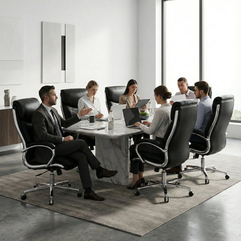 Businessman Using COLAMY MARCUS Black Office Chair in High-Rise Conference Room with City View