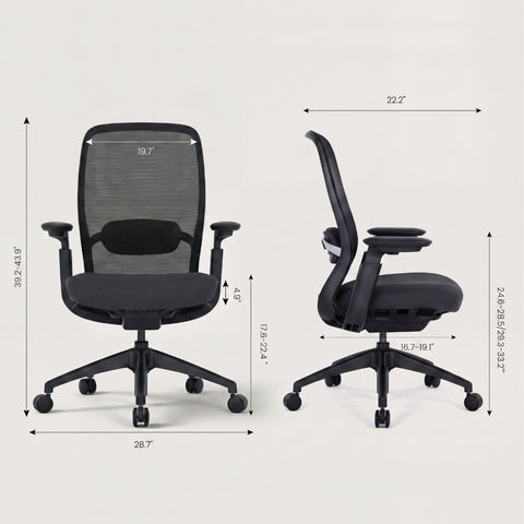 COLAMY AETHER Office Chair Dimensions – 28.7" Width, 39.2–43.6" Height, 17.6–22.4" Seat Height