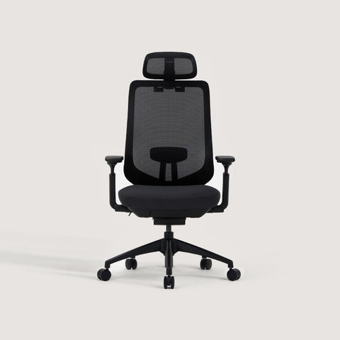 Direct Front View of COLAMY ATLAS-01 Black Executive Mesh Ergonomic Office Chair with Headrest, Adjustable Armrests, and Lumbar Support