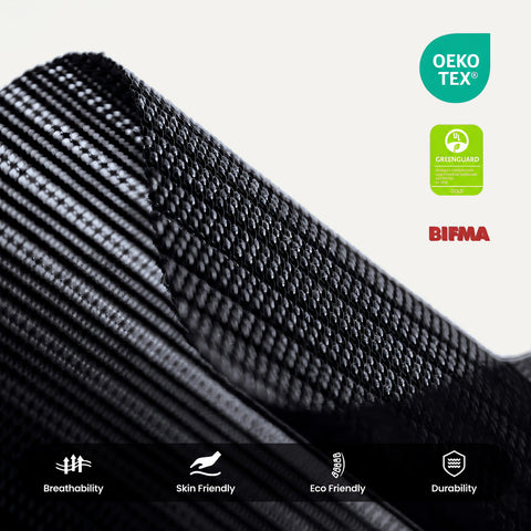 Close-Up of COLAMY ATLAS-01 Black Mesh Fabric Highlighting OEKO-TEX, GREENGUARD Gold, and BIFMA Certifications