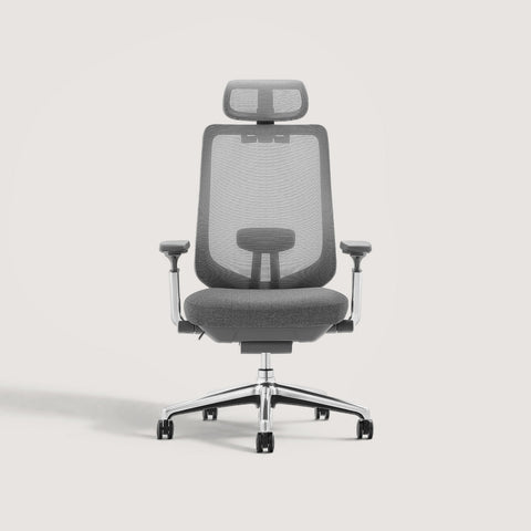 COLAMY ATLAS Gray Ergonomic High-Back Mesh Office Chair – Front View with Headrest, Adjustable Armrests, and Chrome Base