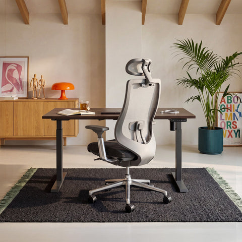 COLAMY ATLAS Gray High-Back Mesh Office Chair at a Standing Desk in a Modern Home Office