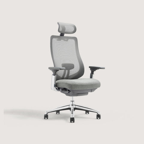 Three-Quarter View of COLAMY ATLAS Light Gray Ergonomic High-Back Mesh Office Chair with Headrest, Adjustable Armrests, and Chrome Base