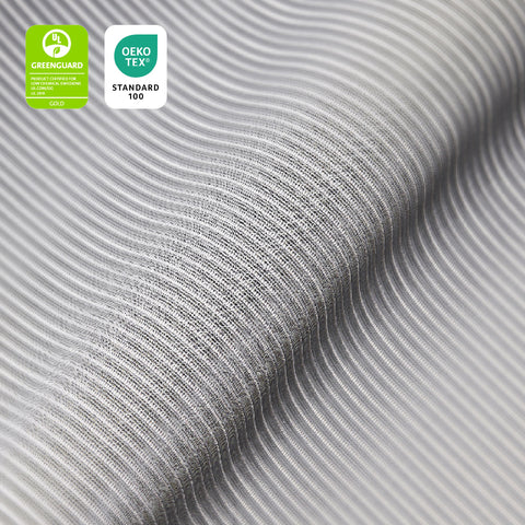 Close-Up of COLAMY ATLAS Light Gray Mesh Fabric with GREENGUARD Gold and OEKO-TEX Standard 100 Certification Logos