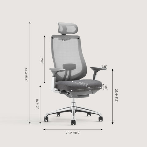 COLAMY ATLAS Office Chair Dimensions – 26.2–28.2" Width, 44.3–51.4" Height, and 16.7–21" Seat Height