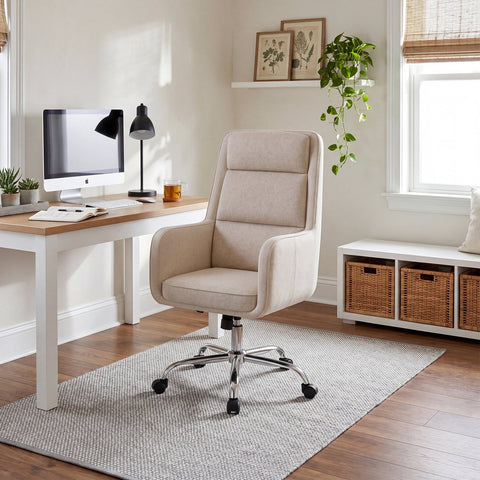 COLAMY COCOON Beige High-Load Cloud Comfort Swivel Office Chair beside a desk in a bright home office