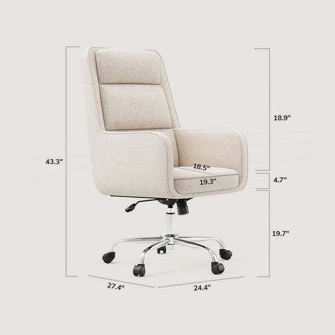 Dimension diagram of the COLAMY COCOON Beige Swivel Office Chair, measuring 43.3 inches high, 27.4 inches wide, and 24.4 inches deep