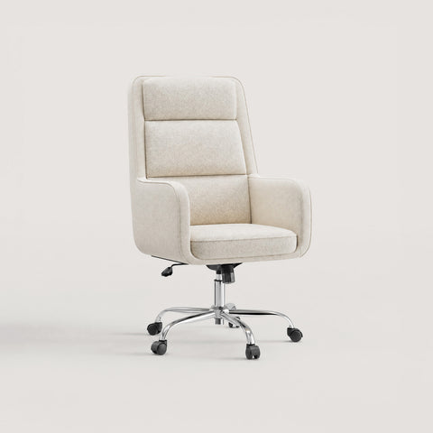 Front view of the COLAMY COCOON Beige High-Load Cloud Comfort Swivel Office Chair with a padded high back, integrated armrests, and chrome caster base
