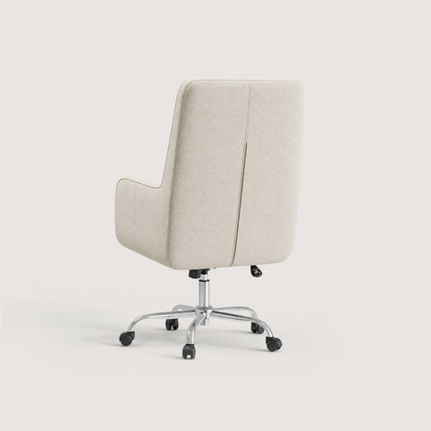 Rear view of the COLAMY COCOON Beige High-Load Cloud Comfort Swivel Office Chair with an upholstered back and chrome caster base