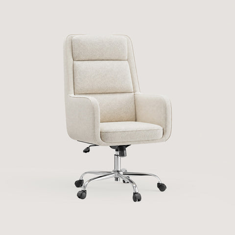 Three-Quarter View of COLAMY COCOON Beige High-Load Cloud Comfort Swivel Office Chair with Padded Armrests and Chrome Caster Base