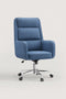 Three-quarter view of the COLAMY COCOON Blue High-Load Cloud Comfort Swivel Office Chair with a padded high back, integrated armrests, and chrome caster base