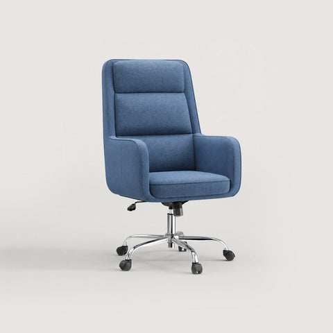 Three-quarter view of the COLAMY COCOON Blue High-Load Cloud Comfort Swivel Office Chair with a padded high back, integrated armrests, and chrome caster base