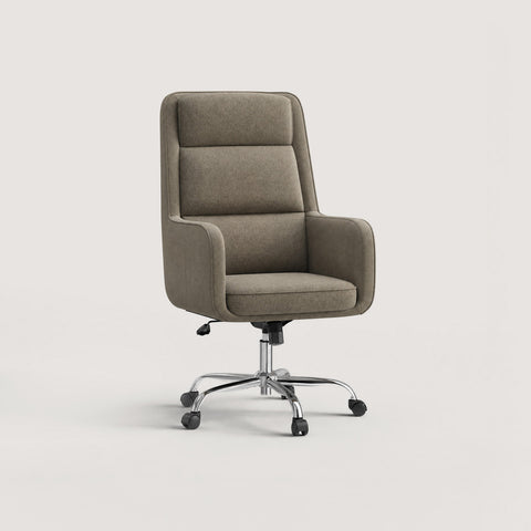 Three-quarter view of the COLAMY COCOON Taupe High-Load Cloud Comfort Swivel Office Chair with a padded high back, integrated armrests, and chrome caster base
