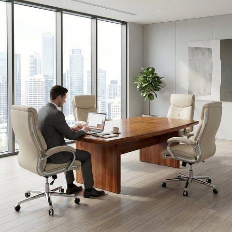 COLAMY MARCUS Beige Office Chair in Modern Conference Room with City View and Wooden Table