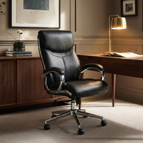 COLAMY MARCUS Black Leather Office Chair in Modern Home Office with Wooden Desk and Gold Lamp