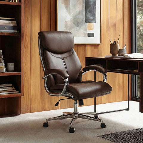 COLAMY MARCUS Brown Leather Executive Chair in Modern Study Room with Wood Panel Wall and Bookshelf