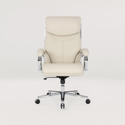 COLAMY MARCUS One-Piece Swivel Office Chair in Beige – High Back Leather, Chrome Base