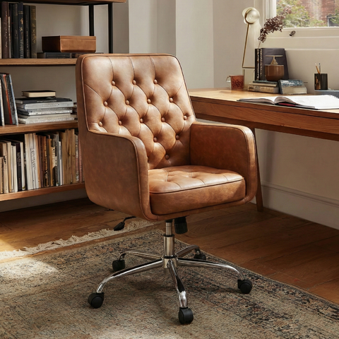 COLAMY VERSO Brown Leather Swivel Chair in Home Office Setting with Bookshelf and Wooden Desk