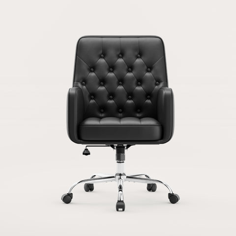 COLAMY VERSO Swivel Office Chair in Black – Tufted Back, Leather Upholstery, Chrome Base