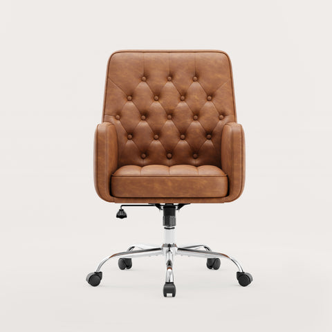 COLAMY VERSO Swivel Office Chair in Brown – Tufted Back, Velvety Leather, Chrome Base