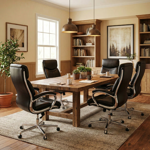 Multiple COLAMY MARCUS Black Leather Office Chairs in Warm-Toned Conference Room