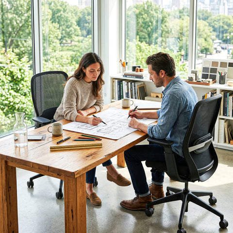 Two People Collaborating at Wooden Table on COLAMY AETHER Black Mesh Chairs in Modern Studio Office