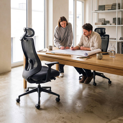 Two People Collaborating at a Wooden Table with COLAMY ATLAS-01 Black Executive Mesh Ergonomic Office Chairs in a Bright Modern Office