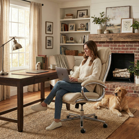 Woman Working on Laptop in COLAMY MARCUS Beige Chair with Golden Retriever by Fireplace