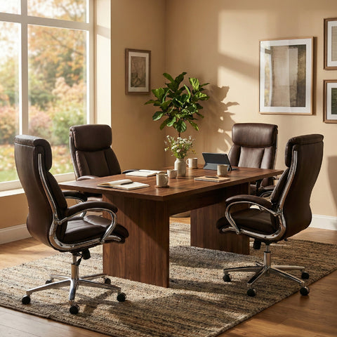 our COLAMY MARCUS Brown Leather Chairs Around Wooden Conference Table with Natural Light and Plant